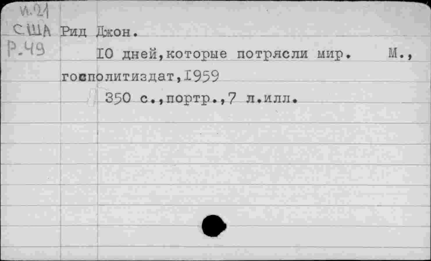 ﻿США	Рид	Джон.
р.чэ		10 дней,которые потрясли мир.	М.,
	гопполитиздат.1959	
		350 с.,портр.,7 л.илл.
		
				
		
		
		
			ф	
		
		